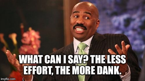 WHAT CAN I SAY? THE LESS EFFORT, THE MORE DANK. | image tagged in memes,steve harvey | made w/ Imgflip meme maker