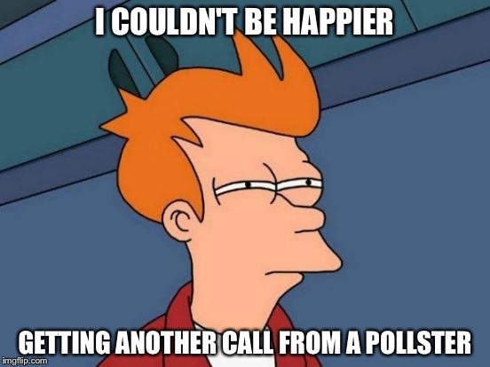Futurama Fry | I COULDN'T BE HAPPIER; GETTING ANOTHER CALL FROM A POLLSTER | image tagged in memes,futurama fry | made w/ Imgflip meme maker