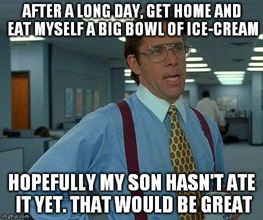 That Would Be Great Meme | AFTER A LONG DAY, GET HOME AND EAT MYSELF A BIG BOWL OF ICE-CREAM HOPEFULLY MY SON HASN'T ATE IT YET. THAT WOULD BE GREAT | image tagged in memes,that would be great | made w/ Imgflip meme maker