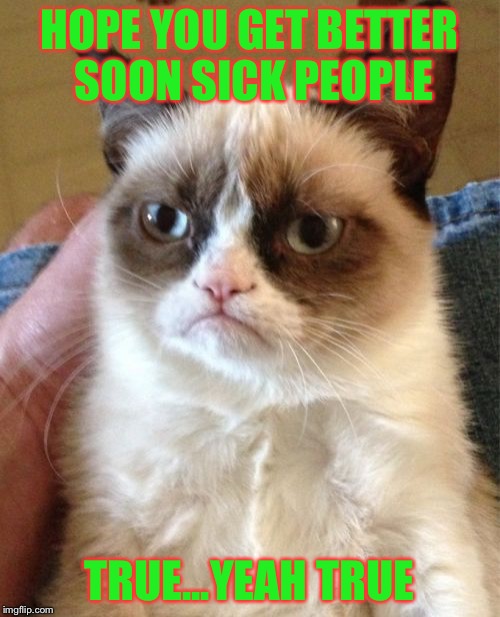 Grumpy Cat | HOPE YOU GET BETTER SOON SICK PEOPLE; TRUE...YEAH TRUE | image tagged in memes,grumpy cat | made w/ Imgflip meme maker