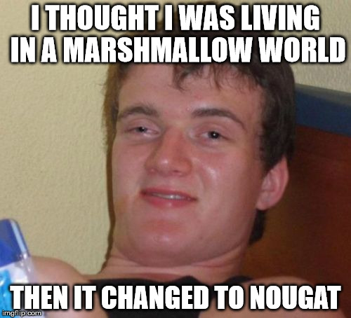 Just Some Android Humor :) | I THOUGHT I WAS LIVING IN A MARSHMALLOW WORLD; THEN IT CHANGED TO NOUGAT | image tagged in 10 guy,android,funny memes | made w/ Imgflip meme maker