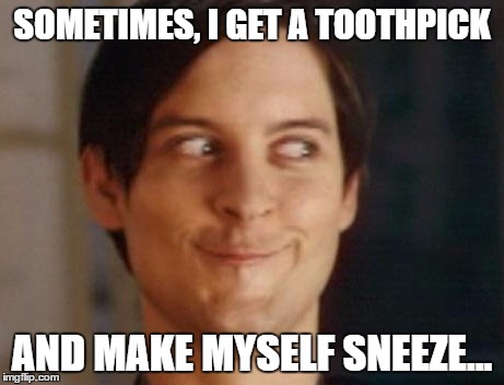 Spiderman Peter Parker | SOMETIMES, I GET A TOOTHPICK; AND MAKE MYSELF SNEEZE... | image tagged in memes,spiderman peter parker | made w/ Imgflip meme maker