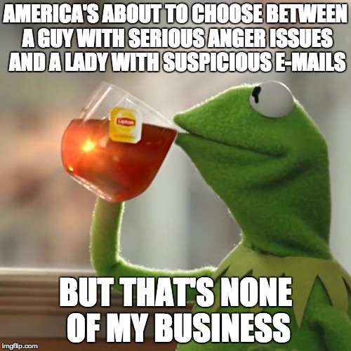 But That's None Of My Business | AMERICA'S ABOUT TO CHOOSE BETWEEN A GUY WITH SERIOUS ANGER ISSUES AND A LADY WITH SUSPICIOUS E-MAILS; BUT THAT'S NONE OF MY BUSINESS | image tagged in memes,but thats none of my business,kermit the frog | made w/ Imgflip meme maker