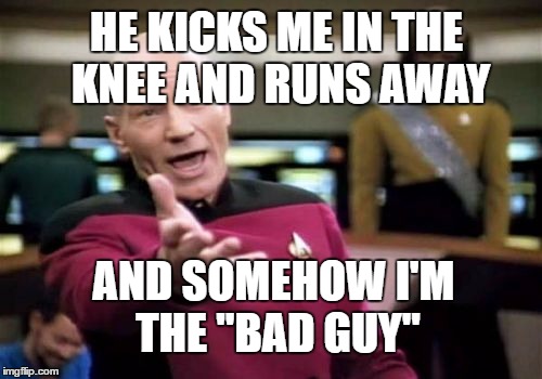 Picard Wtf | HE KICKS ME IN THE KNEE AND RUNS AWAY; AND SOMEHOW I'M THE "BAD GUY" | image tagged in memes,picard wtf | made w/ Imgflip meme maker