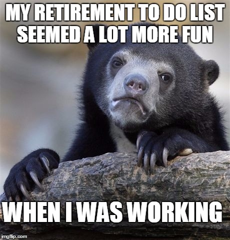 THE GRASS IS DEFINITELY GREENER | MY RETIREMENT TO DO LIST SEEMED A LOT MORE FUN; WHEN I WAS WORKING | image tagged in memes,confession bear | made w/ Imgflip meme maker
