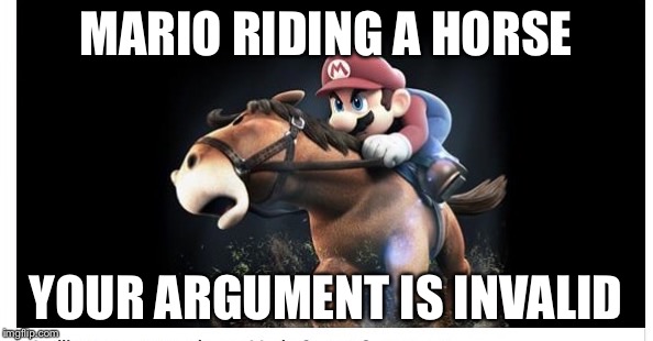 MARIO RIDING A HORSE; YOUR ARGUMENT IS INVALID | image tagged in mario,horses | made w/ Imgflip meme maker