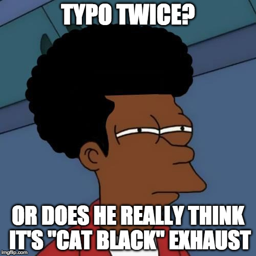 black fry day | TYPO TWICE? OR DOES HE REALLY THINK IT'S "CAT BLACK" EXHAUST | image tagged in black fry day | made w/ Imgflip meme maker