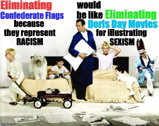 Race-sexism logic | Eliminating; would be like; Confederate Flags; Eliminating; because they represent RACISM; Doris Day Movies; for illustrating SEXISM | image tagged in race-sexism logic | made w/ Imgflip meme maker