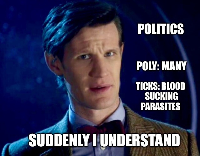 Eleventh Dr | POLITICS; POLY: MANY; TICKS: BLOOD SUCKING PARASITES; SUDDENLY I UNDERSTAND | image tagged in eleventh dr | made w/ Imgflip meme maker