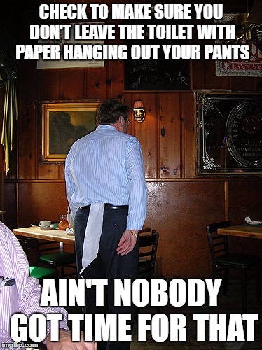 CHECK TO MAKE SURE YOU DON'T LEAVE THE TOILET WITH PAPER HANGING OUT YOUR PANTS AIN'T NOBODY GOT TIME FOR THAT | made w/ Imgflip meme maker