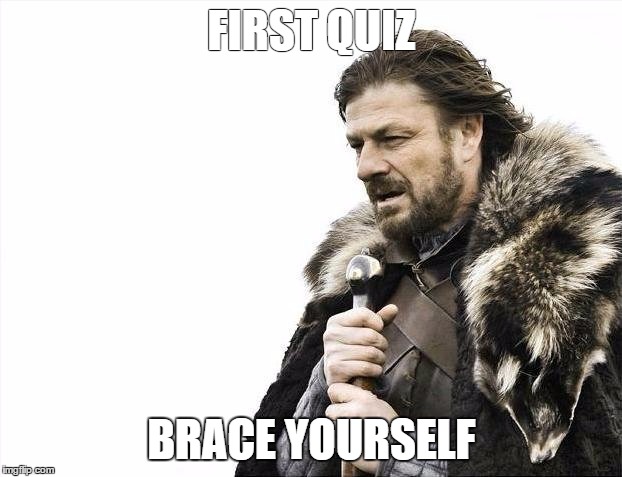 Brace Yourselves X is Coming | FIRST QUIZ; BRACE YOURSELF | image tagged in memes,brace yourselves x is coming | made w/ Imgflip meme maker
