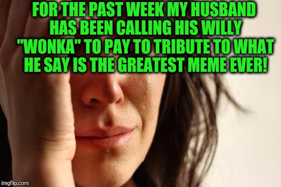 First World Problems | FOR THE PAST WEEK MY HUSBAND HAS BEEN CALLING HIS WILLY "WONKA" TO PAY TO TRIBUTE TO WHAT HE SAY IS THE GREATEST MEME EVER! | image tagged in memes,first world problems | made w/ Imgflip meme maker