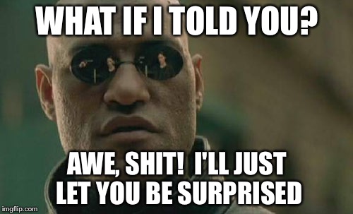 Cliffhangers!  Part Deux | WHAT IF I TOLD YOU? AWE, SHIT!  I'LL JUST LET YOU BE SURPRISED | image tagged in memes,matrix morpheus | made w/ Imgflip meme maker
