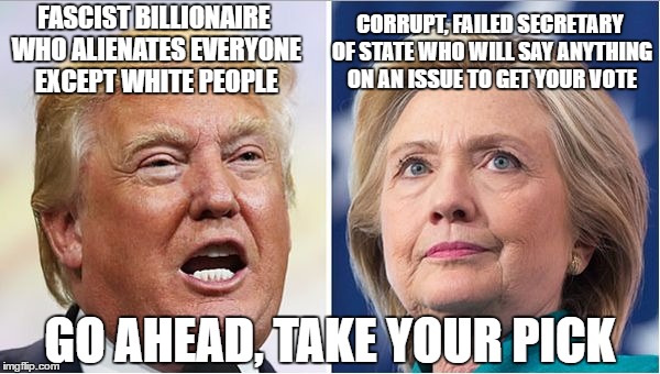 Don't Elect These Puppets | CORRUPT, FAILED SECRETARY OF STATE WHO WILL SAY ANYTHING ON AN ISSUE TO GET YOUR VOTE; FASCIST BILLIONAIRE WHO ALIENATES EVERYONE EXCEPT WHITE PEOPLE; GO AHEAD, TAKE YOUR PICK | image tagged in hillary trump,trump,hillary,republican,democrat | made w/ Imgflip meme maker
