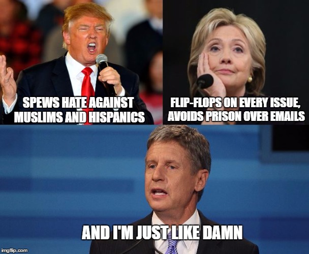 The Normal Candidate | FLIP-FLOPS ON EVERY ISSUE, AVOIDS PRISON OVER EMAILS; SPEWS HATE AGAINST MUSLIMS AND HISPANICS; AND I'M JUST LIKE DAMN | image tagged in gary johnson,trump,hillary,republican,libertarian | made w/ Imgflip meme maker