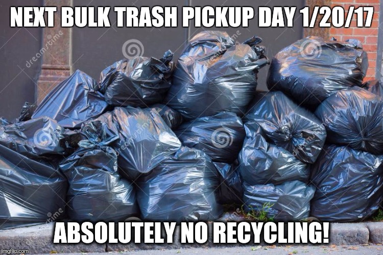 ie11 trash | NEXT BULK TRASH PICKUP DAY
1/20/17; ABSOLUTELY NO RECYCLING! | image tagged in ie11 trash | made w/ Imgflip meme maker