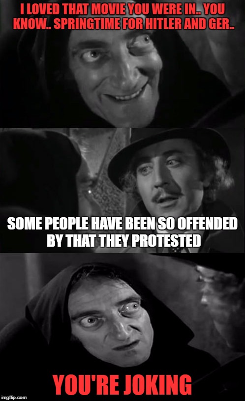 i've heard that has happened before but don't know if it's true |  I LOVED THAT MOVIE YOU WERE IN.. YOU KNOW.. SPRINGTIME FOR HITLER AND GER.. SOME PEOPLE HAVE BEEN SO OFFENDED BY THAT THEY PROTESTED; YOU'RE JOKING | image tagged in you're joking | made w/ Imgflip meme maker