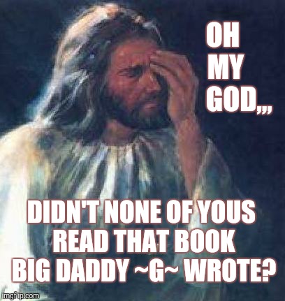 jesus facepalm |  OH         MY            GOD,,, DIDN'T NONE OF YOUS READ THAT BOOK BIG DADDY ~G~ WROTE? | image tagged in jesus facepalm | made w/ Imgflip meme maker