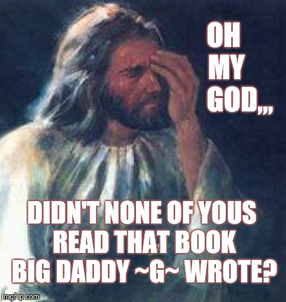 jesus facepalm | OH         MY            GOD,,, DIDN'T NONE OF YOUS READ THAT BOOK BIG DADDY ~G~ WROTE? | image tagged in jesus facepalm | made w/ Imgflip meme maker