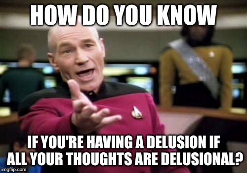 Picard Wtf Meme | HOW DO YOU KNOW IF YOU'RE HAVING A DELUSION IF ALL YOUR THOUGHTS ARE DELUSIONAL? | image tagged in memes,picard wtf | made w/ Imgflip meme maker