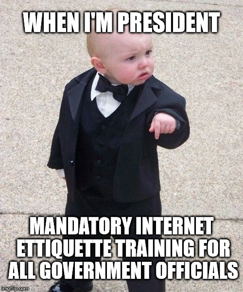 When I'm President Baby | WHEN I'M PRESIDENT; MANDATORY INTERNET ETTIQUETTE TRAINING FOR ALL GOVERNMENT OFFICIALS | image tagged in memes,baby godfather | made w/ Imgflip meme maker