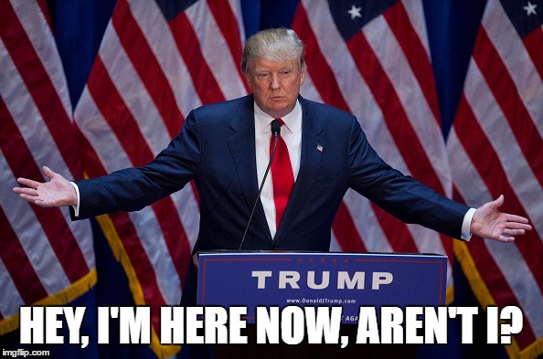 Trump Bruh | HEY, I'M HERE NOW, AREN'T I? | image tagged in trump bruh | made w/ Imgflip meme maker