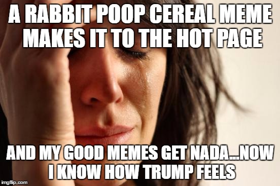 First World Problems Meme | A RABBIT POOP CEREAL MEME MAKES IT TO THE HOT PAGE; AND MY GOOD MEMES GET NADA...NOW I KNOW HOW TRUMP FEELS | image tagged in memes,first world problems | made w/ Imgflip meme maker