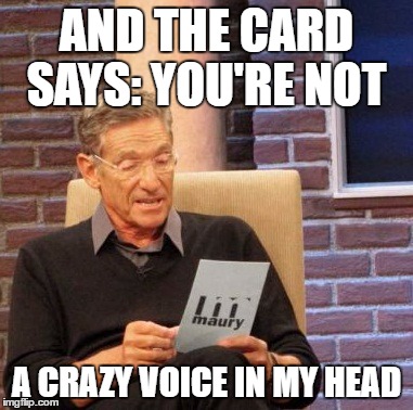 Maury Lie Detector | AND THE CARD SAYS: YOU'RE NOT; A CRAZY VOICE IN MY HEAD | image tagged in memes,maury lie detector | made w/ Imgflip meme maker