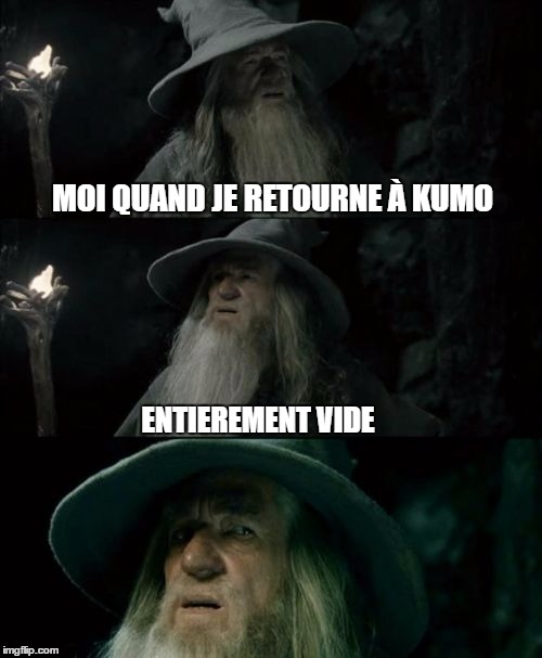 Confused Gandalf Meme | MOI QUAND JE RETOURNE À KUMO; ENTIEREMENT VIDE | image tagged in memes,confused gandalf | made w/ Imgflip meme maker