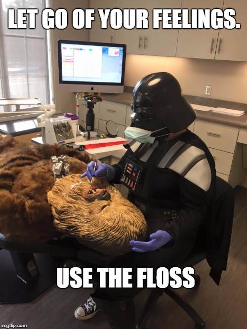 Star Wars Vader Chewie Dentist | LET GO OF YOUR FEELINGS. USE THE FLOSS | image tagged in star wars vader chewie dentist | made w/ Imgflip meme maker