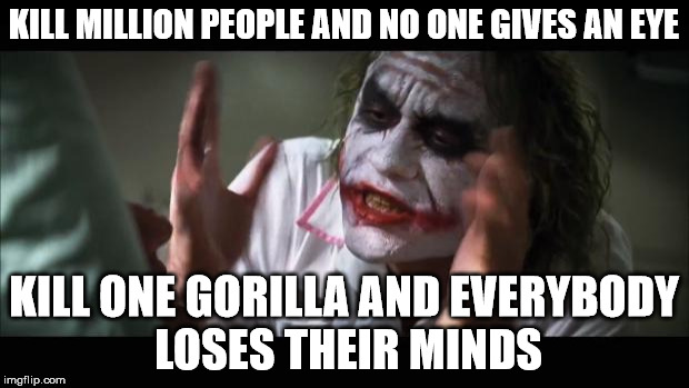 And everybody loses their minds | KILL MILLION PEOPLE AND NO ONE GIVES AN EYE; KILL ONE GORILLA AND EVERYBODY LOSES THEIR MINDS | image tagged in memes,and everybody loses their minds | made w/ Imgflip meme maker