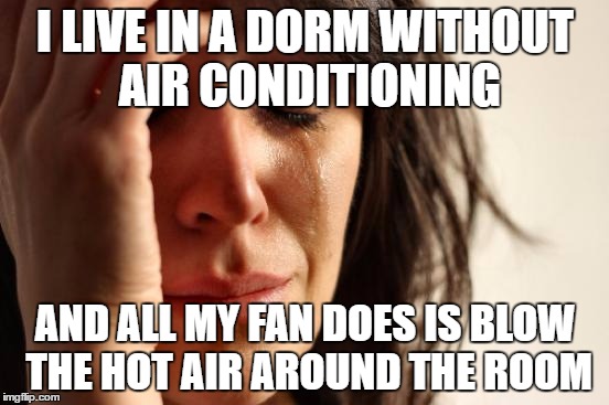 First World Problems | I LIVE IN A DORM WITHOUT AIR CONDITIONING; AND ALL MY FAN DOES IS BLOW THE HOT AIR AROUND THE ROOM | image tagged in memes,first world problems | made w/ Imgflip meme maker