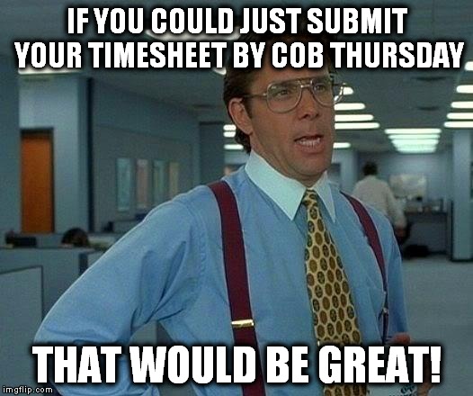 That Would Be Great Meme | IF YOU COULD JUST SUBMIT YOUR TIMESHEET BY COB THURSDAY THAT WOULD BE GREAT! | image tagged in memes,that would be great | made w/ Imgflip meme maker