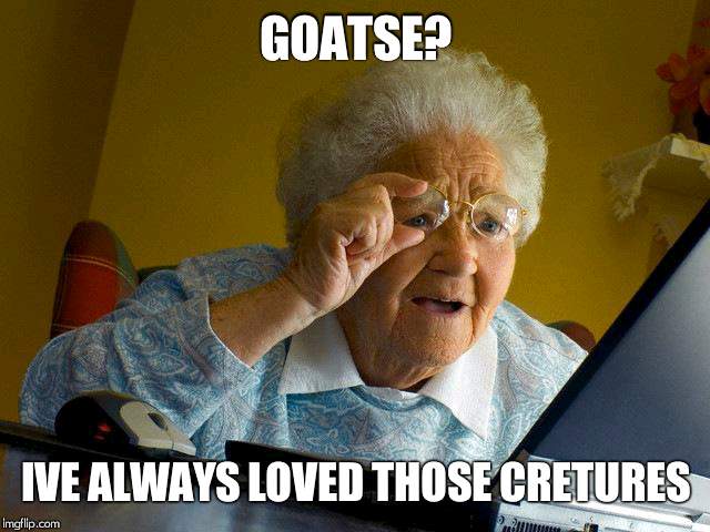 goatse funny xD | GOATSE? IVE ALWAYS LOVED THOSE CRETURES | image tagged in memes,grandma finds the internet,goatse,lol | made w/ Imgflip meme maker