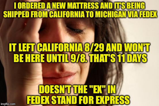 I could have went there and got it myself faster | I ORDERED A NEW MATTRESS AND IT'S BEING SHIPPED FROM CALIFORNIA TO MICHIGAN VIA FEDEX; IT LEFT CALIFORNIA 8/29 AND WON'T BE HERE UNTIL 9/8. THAT'S 11 DAYS; DOESN'T THE "EX" IN FEDEX STAND FOR EXPRESS | image tagged in memes,first world problems | made w/ Imgflip meme maker