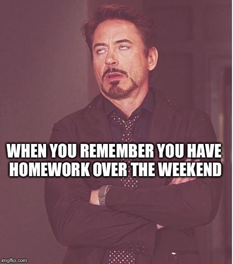 Face You Make Robert Downey Jr Meme | WHEN YOU REMEMBER YOU HAVE HOMEWORK OVER THE WEEKEND | image tagged in memes,face you make robert downey jr | made w/ Imgflip meme maker