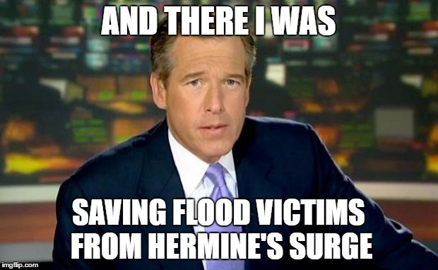 Brian Williams Was There Meme | AND THERE I WAS; SAVING FLOOD VICTIMS FROM HERMINE'S SURGE | image tagged in memes,brian williams was there | made w/ Imgflip meme maker
