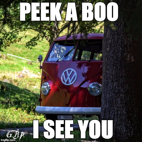 PEEK A BOO; I SEE YOU | image tagged in peek-a-boo vw bus | made w/ Imgflip meme maker