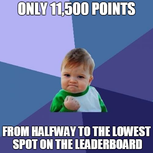 Long way to go yet... | ONLY 11,500 POINTS; FROM HALFWAY TO THE LOWEST SPOT ON THE LEADERBOARD | image tagged in memes,success kid,imgflip points,leaderboard,on my way,let's do this | made w/ Imgflip meme maker