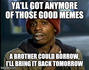 Y'all Got Any More Of That Meme | YA'LL GOT ANYMORE OF THOSE GOOD MEMES A BROTHER COULD BORROW, I'LL BRING IT BACK TOMORROW | image tagged in memes,yall got any more of | made w/ Imgflip meme maker