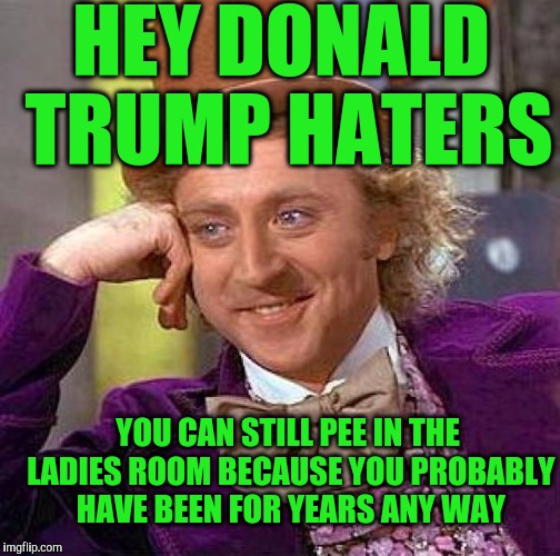 Creepy Condescending Wonka | HEY DONALD TRUMP HATERS; YOU CAN STILL PEE IN THE LADIES ROOM BECAUSE YOU PROBABLY HAVE BEEN FOR YEARS ANY WAY | image tagged in memes,creepy condescending wonka | made w/ Imgflip meme maker