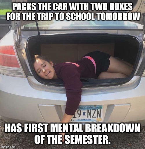 School Stress | PACKS THE CAR WITH TWO BOXES FOR THE TRIP TO SCHOOL TOMORROW; HAS FIRST MENTAL BREAKDOWN OF THE SEMESTER. | image tagged in college,back to school,first day of school,college freshman,breakdown | made w/ Imgflip meme maker