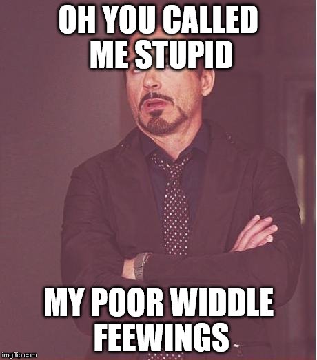 Face You Make Robert Downey Jr Meme | OH YOU CALLED ME STUPID MY POOR WIDDLE FEEWINGS | image tagged in memes,face you make robert downey jr | made w/ Imgflip meme maker