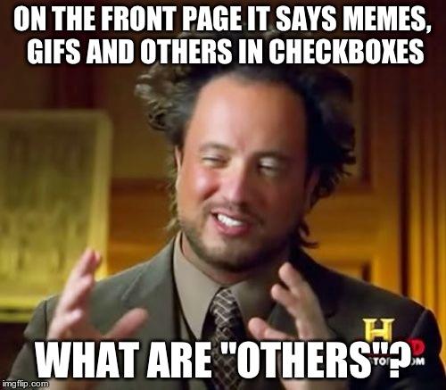 Seriously, I only know Memes and GIFs. | ON THE FRONT PAGE IT SAYS MEMES, GIFS AND OTHERS IN CHECKBOXES; WHAT ARE "OTHERS"? | image tagged in memes,ancient aliens | made w/ Imgflip meme maker