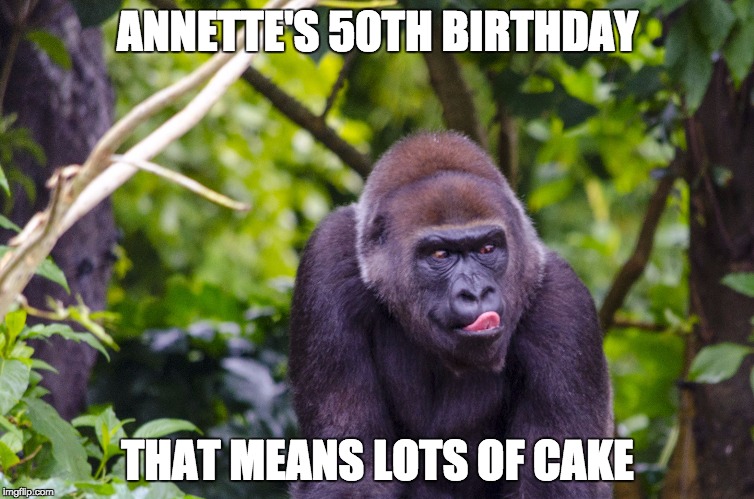 gorilla lick | ANNETTE'S 50TH BIRTHDAY; THAT MEANS LOTS OF CAKE | image tagged in gorilla lick | made w/ Imgflip meme maker