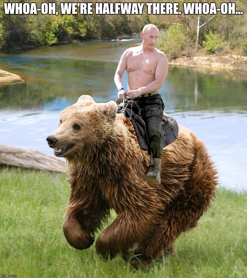 Whoa-oh Putin on a bear | WHOA-OH, WE'RE HALFWAY THERE. WHOA-OH... | image tagged in putin,bear,bonjovi | made w/ Imgflip meme maker