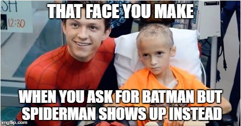 sad | THAT FACE YOU MAKE; WHEN YOU ASK FOR BATMAN BUT SPIDERMAN SHOWS UP INSTEAD | image tagged in spiderman,batman,sad,disappointed,kid | made w/ Imgflip meme maker