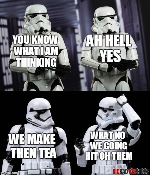 two every day stormtroopers  | YOU KNOW WHAT I AM THINKING AH HELL YES WE MAKE THEN TEA WHAT NO WE GOING HIT OH THEM | image tagged in two every day stormtroopers | made w/ Imgflip meme maker