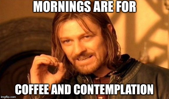 One Does Not Simply | MORNINGS ARE FOR; COFFEE AND CONTEMPLATION | image tagged in memes,one does not simply | made w/ Imgflip meme maker
