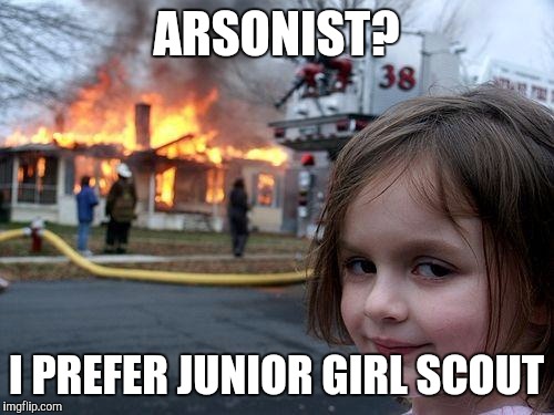 Disaster Girl | ARSONIST? I PREFER JUNIOR GIRL SCOUT | image tagged in memes,disaster girl | made w/ Imgflip meme maker